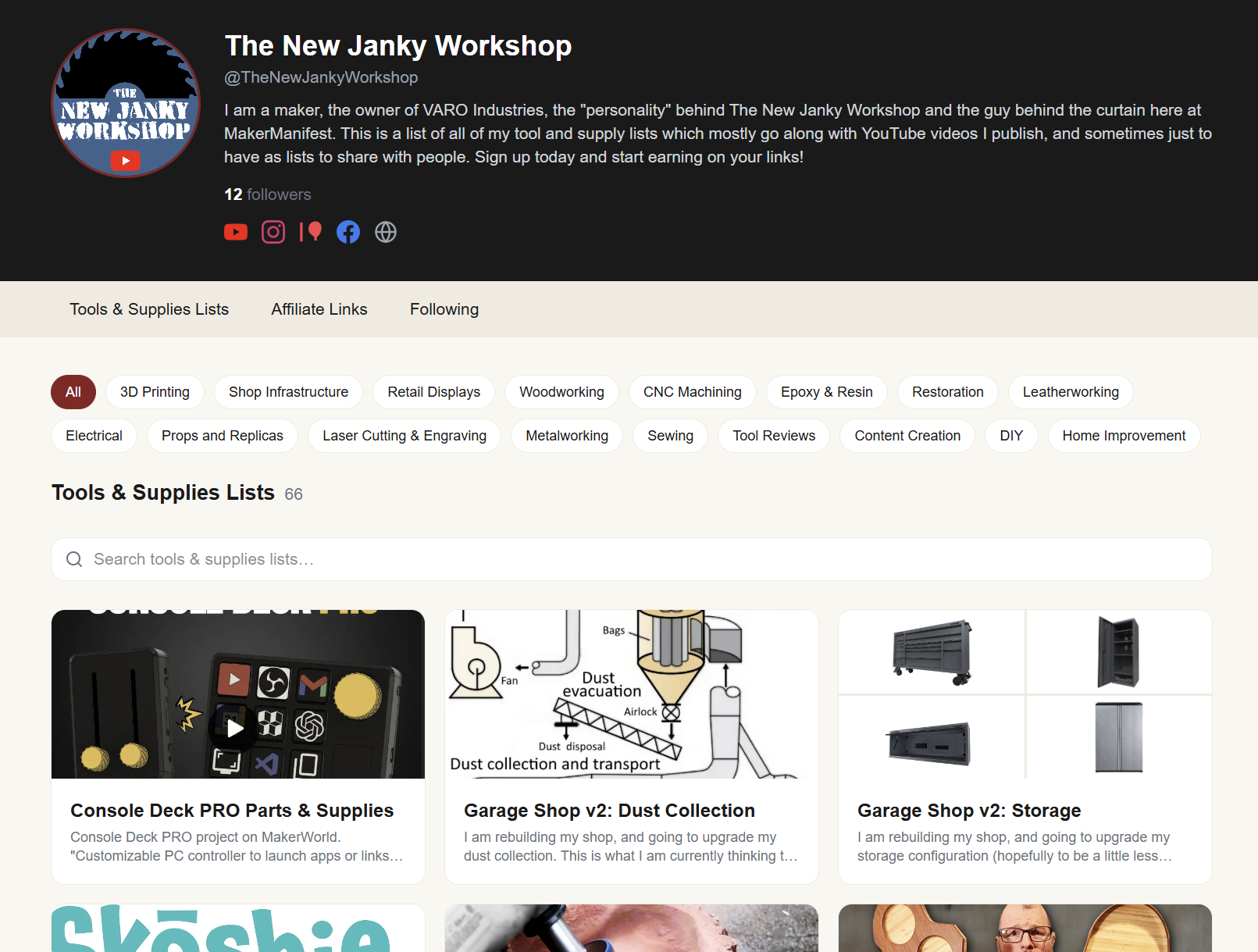 MakerManifest creator public profile page with gear lists and category filters