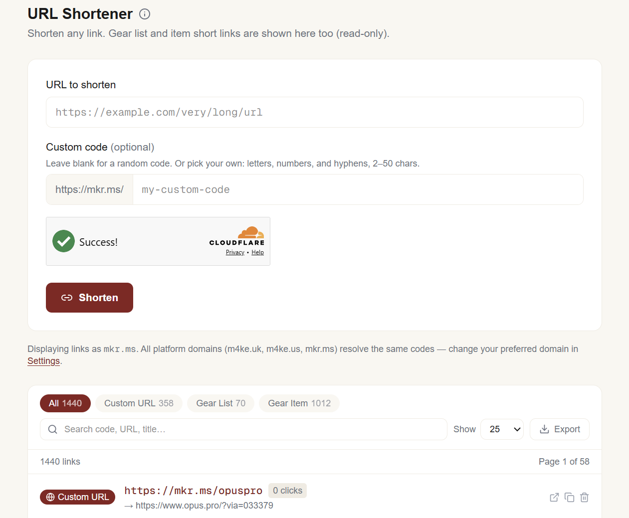 URL shortener dashboard with custom codes, Cloudflare CAPTCHA, and 1440 tracked links